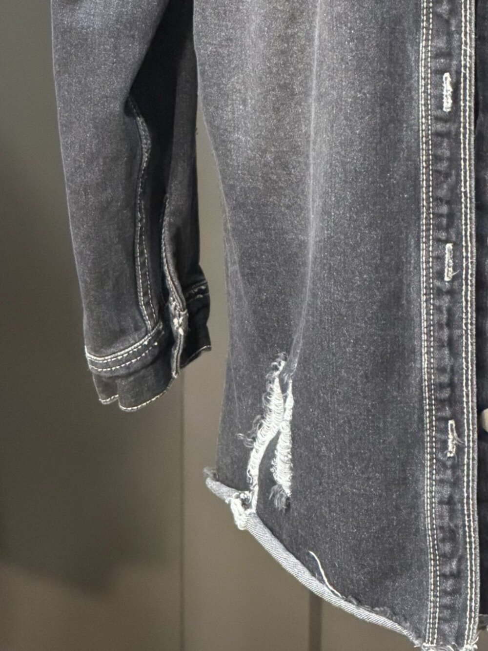 Black Distressed Button‑Up Jean Jacket — Excellent Condition - Picture 10 of 11